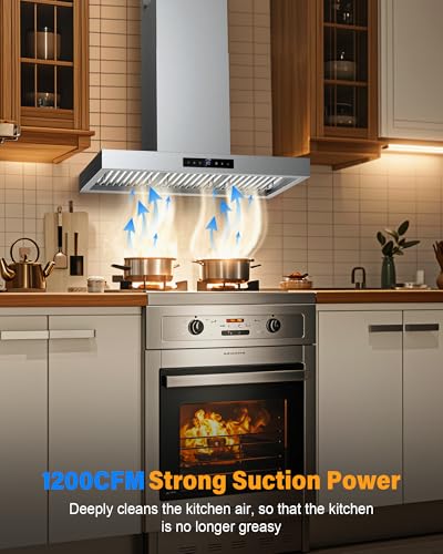 36 Inch Wall Mount Range Hood 1200CFM, 4-Speed Wall Mount Range Hood with Touch Control & Gesture Sensing Stainless Steel Kitchen Stove Vent Hoods with 2 LED Lights Luxury Series