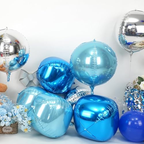 Image of 9 Pcs Blue Silver Round Foil Balloons,22 Inch Round Balloons | Blue Silver Giant 4D Round Ball Balloons For Birthday Graduation Retirement Baby Shower Party Decorations