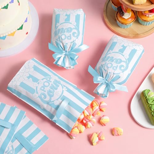 Image of 50 Pcs Popcorn Plastic Bags Circus Carnival Party Goodie Bags Bulk Movie Night Popcorn Container for Carnival Movie Night Theater Halloween Party Supplies (Blue)