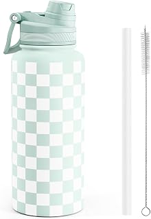 SANDJEST Checker Stainless Steel Water Bottle with Strap 32oz, Insulated Bottles with Straw and Spout Lid for Gym Sports Travel Outdoor, Gifts for Women Girls Birthday Christmas