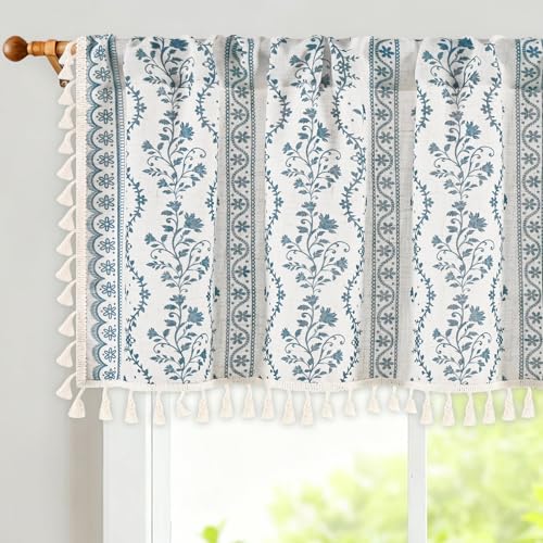 Image of Yinhua Boho Valance Curtains Vintage Linen Kitchen Valances for Windows Light Filtering Bohemian Floral Valance Rod Pocket Tassel Window Valances for Bathroom Cafe, 52 inch W X 18 inch L, White Blue