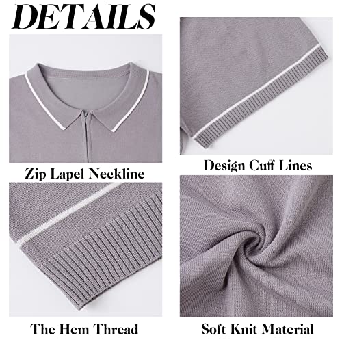 Aulemen Mens Casual Knitted Polo Shirts-Zipper Polo T Shirt Short Sleeve Regular Fit Golf Summer Shirt Gray L #TOP4