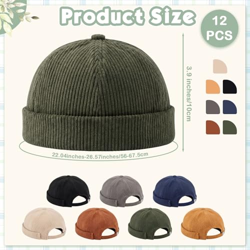 Image of Vabean 12 Pieces Brimless Hat Docker Cap Adjustable Skull Caps for Men Women Rolled Cuff Brimless Beanie Hat, Assorted Color