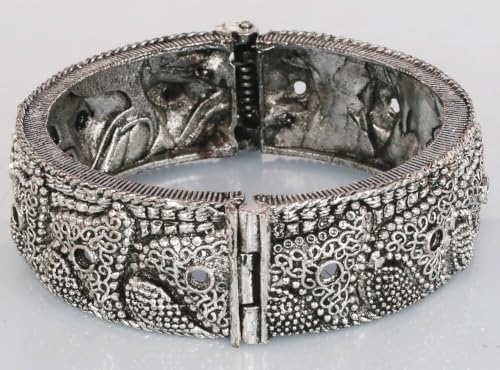 Image of Touchstone Indian bracelets for women mixed metal cuff crystal rhinestones bracelet handcrafted wrist enhancer free size designer in gold or oxidized white tone