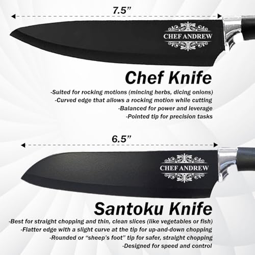 Image of Custom Engraved Black Kitchen Chef Knife- Razor-Sharp, Ultra-Light Blade with Artwork, Blade Cover & Red Velvet Gift Box - Personalized with Last Name, Premium Gift for Home Cooks and Chefs