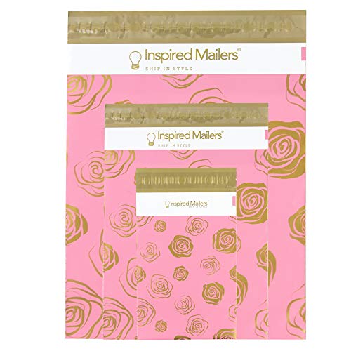 Image of Inspired Mailers - Poly Mailers Variety Pack - Gold Roses Deluxe - 30 (10 Each: 6x9, 10x13, 14.5x19 Sizes) - 3.15mil Unpadded Mailing Envelopes