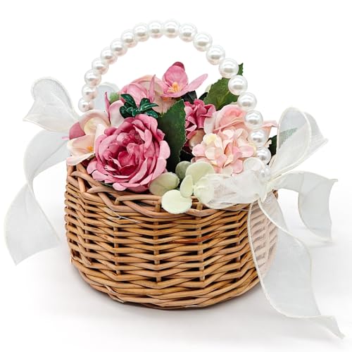 Verichy Flower Girl Basket with Artificial Flowers Set Wedding Rattan Basket with Pearl Handle Rustic Decorative Floral Basket for Wedding Ceremony Party Bridal Shower Decor
