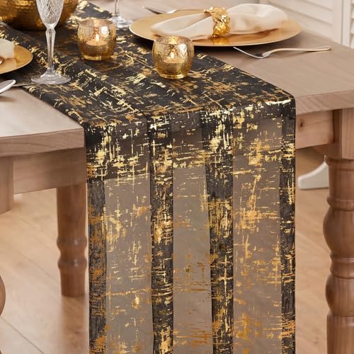 Artoid Mode Black Gold Gauze Table Runner 120 Inch, Sheer Glitter for Halloween, Wedding, Dining, Anniversary, Holiday Party Decor by Artoid Mode - Used condition - US$7.19
