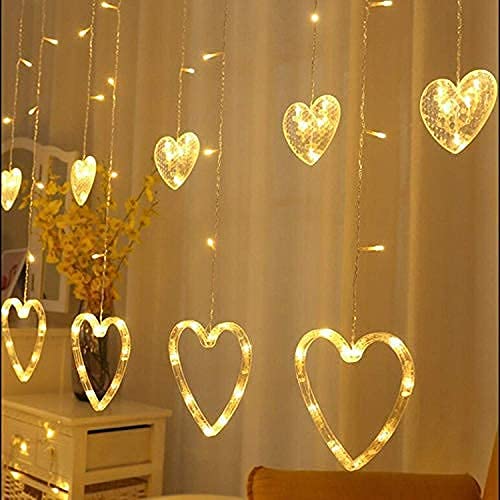 Image of Desidiya 130 Led Heart Shape Curtain String Lights with 8 Flashing Modes Decoration (12 Hearts, Warm White), Prong Base, Pack of 1, 98.4 Inches