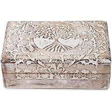 Ajuny Handcarved Wooden Decorative Treasure Chest Box 8 x 5 Inch Brown and White Tree Of Life Pattern - Multipurpose Use As Jewelry Storage, Watch Box, Great for Gifts