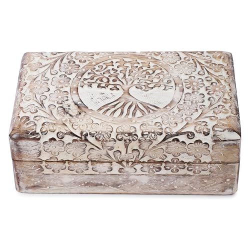Ajuny Coffre au trésor décoratif, en bois, sculpté à la main, motif arbre de vie, marron, blanc, 20,3 x 12,7 cm, polyvalent comme rangement de bijoux, boîte à montres, cadeau