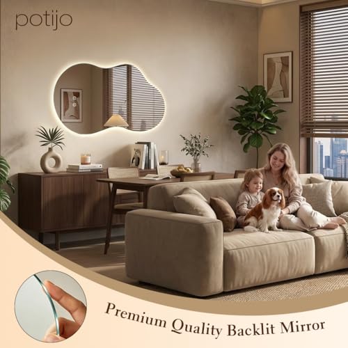 Image of Irregular LED Mirror with Lights 40x24 Inch Backlit Asymmetrical Bathroom Mirrors for Wall Cloud Lighted Vanity Mirrors Shatterproof, Anti-Fog, Dimmable, 3 Colors (Horizontal /Vertical)