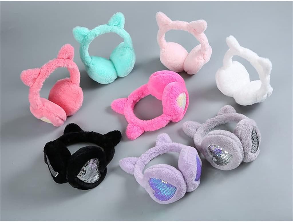 Black Winter Warm Cute Cat Earmuffs Shiny Bright Sequined Headband Soft Fluffy