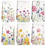 Berirexrion Spring Kitchen Hand Towels - Set of 6 Floral Wildflower Tea Towels Colorful Flower Butterfly Dishcloths Decorations for Home Bathroom Housewarming Cooking Baking Cleaning Gift Summer Decor