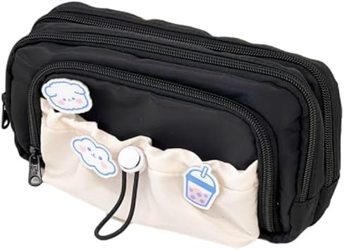 Cute Aesthetic Pencil Case Kawaii Pencil Case with Kawaii Pins Large Pencil Pouch Holder Preppy Supplies black