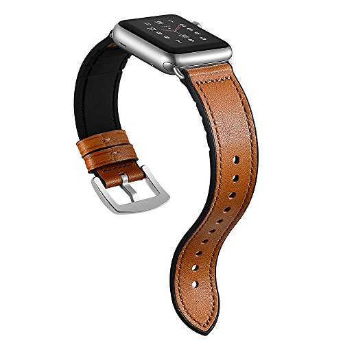 Sweatproof Hybrid Leather Sports Watch Band Vintage Replacement Bands for Apple Watch iwatch Series 4 3 2 1 Dark Brown Replacement Straps with Sliver Stainless Steel Buckle Clasp (42mm, Brown)