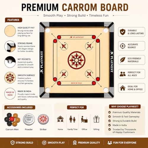 Image of Premium Wooden Carrom Board for Family Fun Indoor Game Smooth Playing Surface Durable Construction Easy Coin Glide Board Game for Kids & Adults (20 INCH)