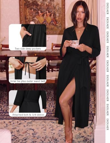 Image of Ekouaer Women Robes Long Knit Bathrobe Soft Kimono Loungewear with Pockets
