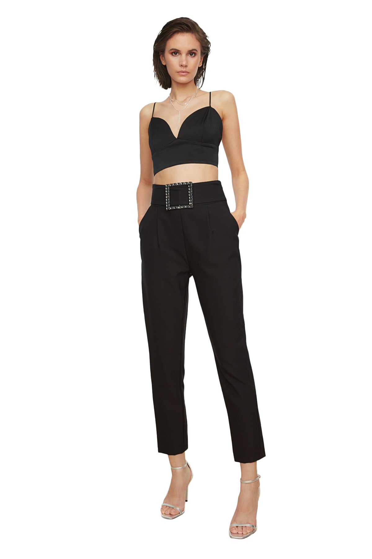 Trendyol Damen Schwarz Stone Domed Trousers. Pants, 42 Eu