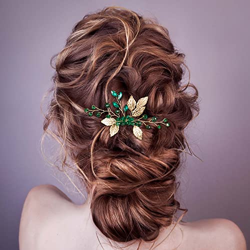 Hinzic 2Pcs Crystal Rhinestone Hair Comb Gold Hair Accessories Emerald Green Leaves Bridal Comb Flowers Turquoise Wedding Hairpiece Clips For Women Girls Prom Party Bride #TOP6