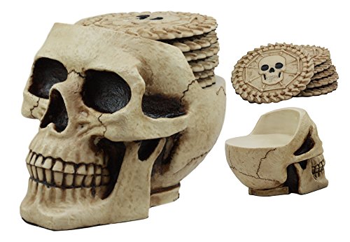 Ebros Day of The Dead Ossuary Skull Cranium Coaster Set Statue Holder with 6 Skeleton Bone Coasters Made of Resin