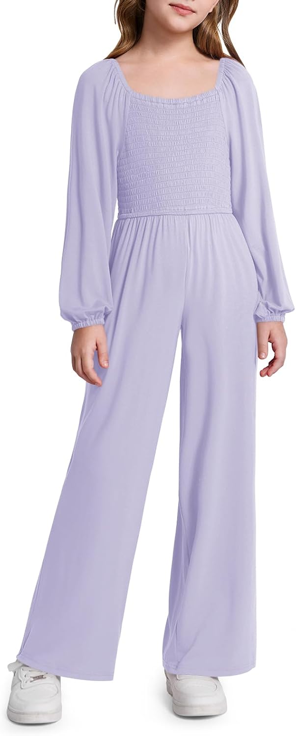 Haloumoning Girls Jumpsuit Kids Long Sleeve Smocked Wide Leg Romper 4-14 Years