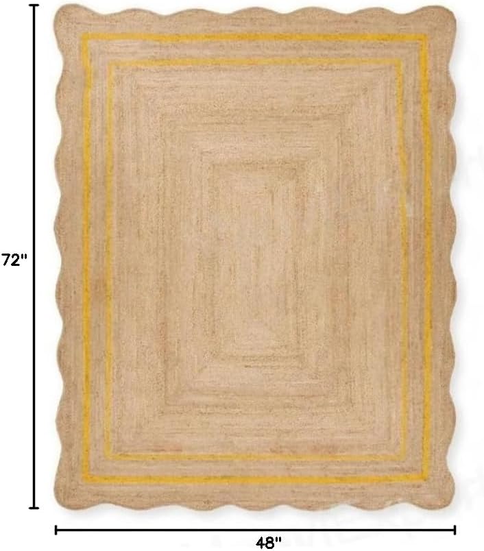 The Weaver House Natural Jute Scalloped Rug – Bohemian Handwoven Decor (3x4 ft, White)