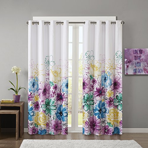 Intelligent Design Olivia Blackout Bedroom, Casual Darkening Window Living Room, Floral Print Grommet Black Out Single Curtain, 1-Panel Pack, 84", Blue #TOP5