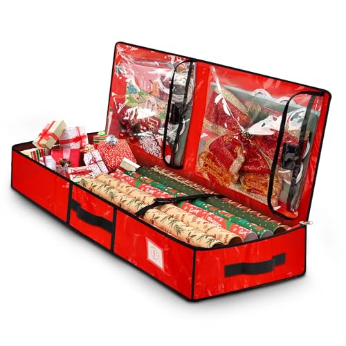 HikooLSS Wrapping Paper Organizer Storage Container for Christmas Holiday Gift Wrap Storage 43.2" Durable PE Underbed Storage Container with Interior Pockets Fits 24 Paper Rolls (Red)