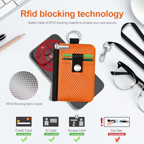 Image of Minimalist RFID Blocking Small Wallet with ID Window,WaterResistant Zip Id Case Wallet with Lanyard Keychain for Cards,Cash,Travel,Women,Men (Orange)