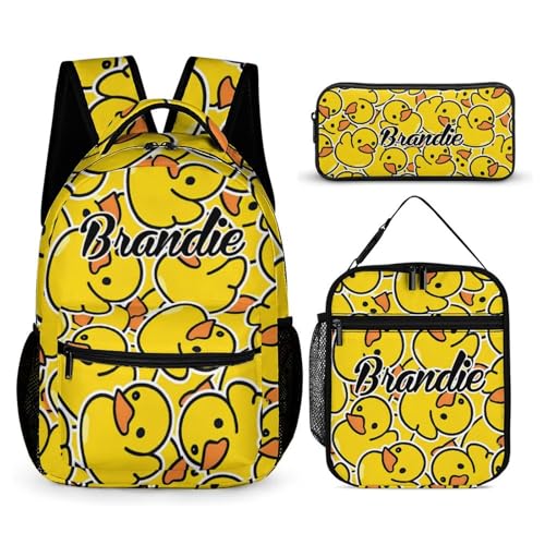 zaaprintblanket Custom Cute Cartoon Duck Backpack 3 Piece Set Personalized School Backpack with Lunch Bag Pencil Case for Boys Girls Kids