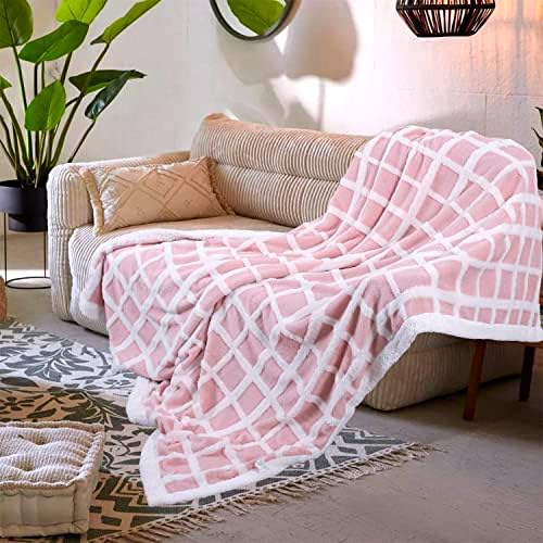 Pink Sherpa Fleece Throw Blanket Fluffy Plaid Large Textured Checkered Winter Warm Women Girl 130×150CM Plush Fuzzy Double White Blanket Super Soft Couch Sofa Throw