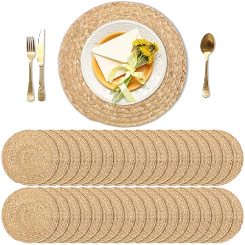 Image of Kochorie Set of 36 Round Woven Placemats 12-Inch Natural Water Hyacinth Plant Placemats Hand-Woven Boho Rattan Placemat Wicker Weave Table Mats for Home Table Farmhouse