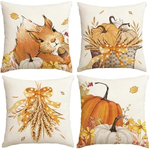LYNZYM Autumn Throw Pillow Covers 18x18 Inch, Fall Pillows Decorative Throw Pillows,Outdoor Thanksgiving Cushion Cover Farmhosue Fall Decorations for Home Couch Sofa Set of 4 Cover