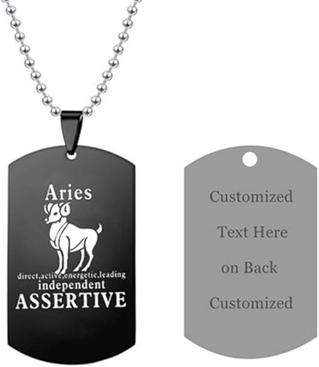 LF Stainless Steel Personalized Name Date Custom Aries Zodiac Sign Necklaces Customised Constellation Necklace Aries Dog Tag Pendant for Husband,Wife,Boyfriend,Girlfriend for Birthday Gift