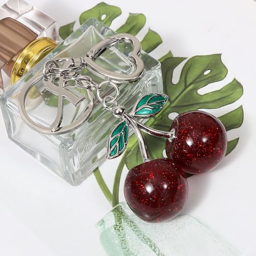 Heart-Shaped Keychain with Initial A-Z and Cherry Charm Bag Charms for Women,Car Accessories