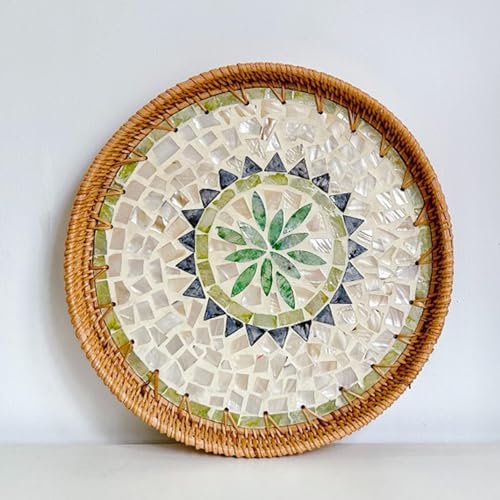 Fonzci Vassoio da portata in rattan intrecciato, vassoio da portata per frutta, snack, rotondo, decorativo, per frutta, dessert, snack, per soggiorno e tavolino (Boemia)