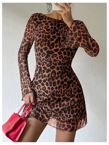 Image of MakeMeChic Women's Cheetah Print Mini Dress Y2k Bell Sleeve Leopard Print Dress Going Out Outfits