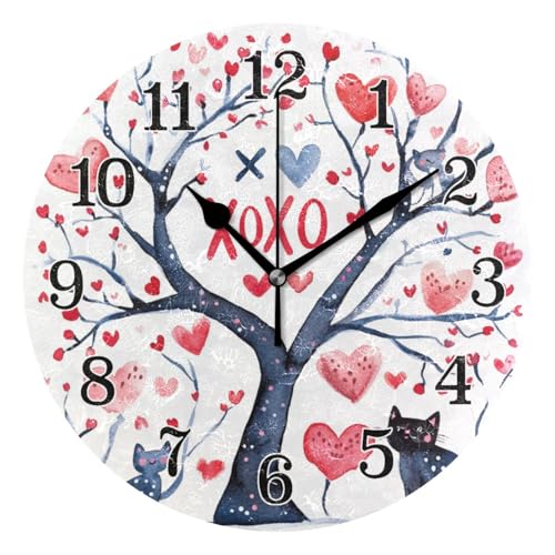 KLL XOXO - Reloj de pared para el día de San Valentín, diseño de árbol y gatos, silencioso, para habitación de niñas, 25,4 cm, color negr