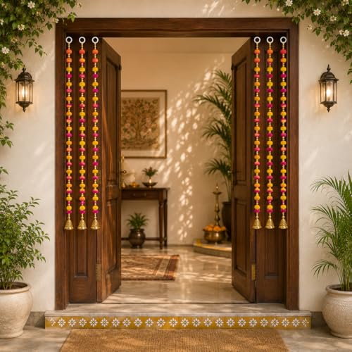 Image of Bindian Pom Pom Beads & Golden Bell Toran for Main Door, Pack of 5 Home Decor Wall Hanging Decoration, Door Hanging Decorative Items, Pooja Room Decor, Festival Decoration