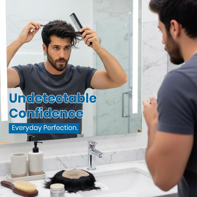 Image of CAPILUS Men's Hair Patch Indian Black | Real Human Hair Toupee with Monofilament Base | Natural Scalp Look Hair System for Baldness & Thinning Hair | Easy Apply, Freestyle Styling - 9x6
