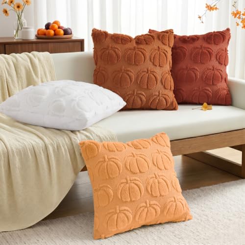 Image of decorUhome Fall Decorative Cream White Pumpkin Throw Pillow Covers 20x20 Set of 2, Soft Faux Fur Plush Farmhouse Accent Pillow Cases for Couch Bed Sofa Autumn Harvest Halloween Holiday Home Decor
