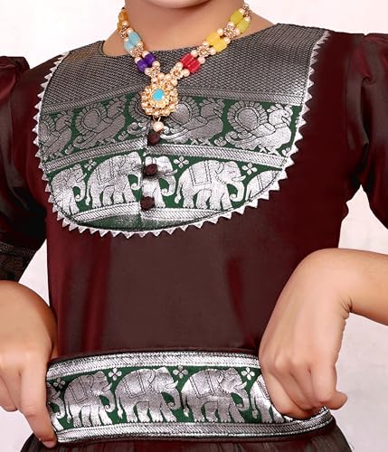 Image of Girls Silk Pattu Gown for Kids Traditional South Indian Long Ethnic Dress | Baby Girl Festival Pavadai Sattai Style Party Wedding Birthday Special Occasion Outfit