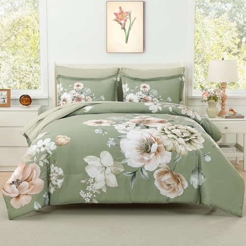 Image of Floral King Size Comforter Set - 7 Piece Botanical Green Flower Bed in a Bag Ulter Soft Microfiber Bedding Set, Lightweight Bed Comforter Set with Sheets for All Season (Green, King)