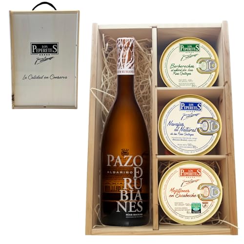 LOS PEPERETES Pack Gourmet Marisco Gallego con Albariño Pazo Rubianes | Berberechos ×2 · Navajas ×2 · Mejillones en Escabeche ×2 | Lote Delicatessen Selección Gourmet