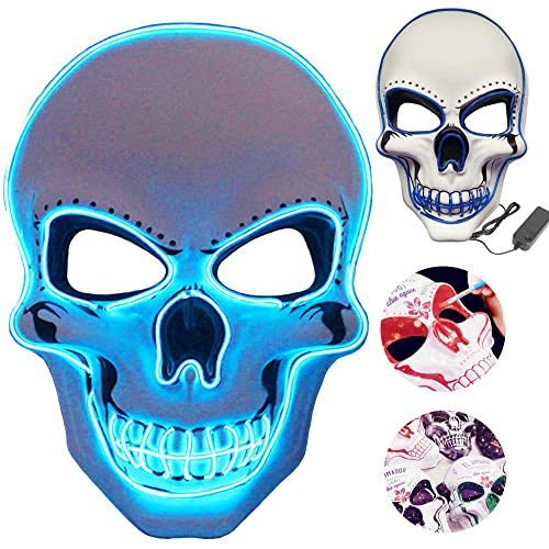 LIBRNTY Halloween Masques,Masque purge,LED Masque pour Halloween,LED Masque de tête de Mort,Peinture de crâne bricolage et 3 modes d éclairage,pour la DéCoration de Costumes de FêTe de Carnaval（bleu）