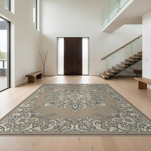 Design&I 8'x10' Easy Clean Traditional Medallion Massive Rug, Beige for King Size Bedroom, Master Suite, Under Bed, Sleek Flatweave Pet Friendly Built-in Grip Mat | 2216922