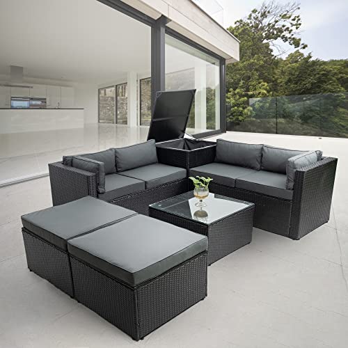 Godafa 6-Piece Outdoor Patio Furniture Set, All-Weather Pe Rattan Conversation Sectional Sofa W/Storage Box And Glass Table For Backyard Porch Poolside, Black #TOP20