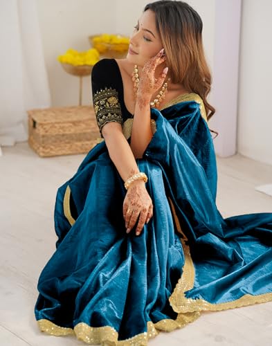 Image of SIRIL Women's Shimmer Net Sequence Embroidery Lace Saree for With Unstitched Blouse Piece