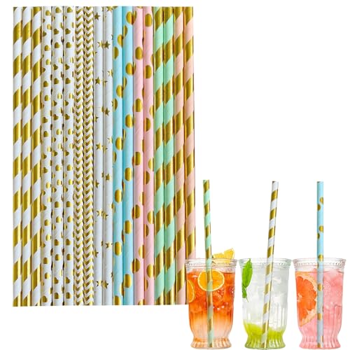 100 Pajitas de Papel Desechables Biodegradables y Compostables Láser Estrellas Rayas Ondas Mixto,Ecológico Resistente Pajitas para Cócteles Bebidas Frías y Calientes,para Fiestas,Cumpleaños,Bodas